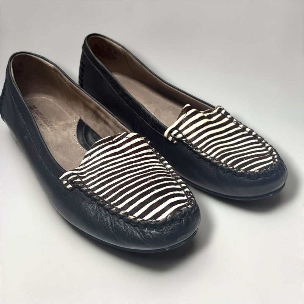Naturalizer N5 Comfort Black Leather Zebra Calf Hair Loafers Drivers Shoes